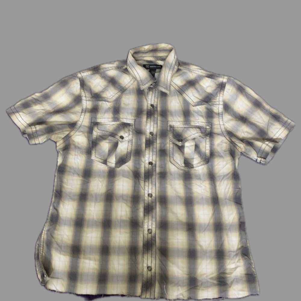 INC International Concepts Gray and White Casual Cropped Button Down Shirt